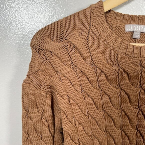 J. Crew Cotton Cable-knit Side-slit Crewneck Sweater Size XS Small Brown Cozy - Picture 5 of 11